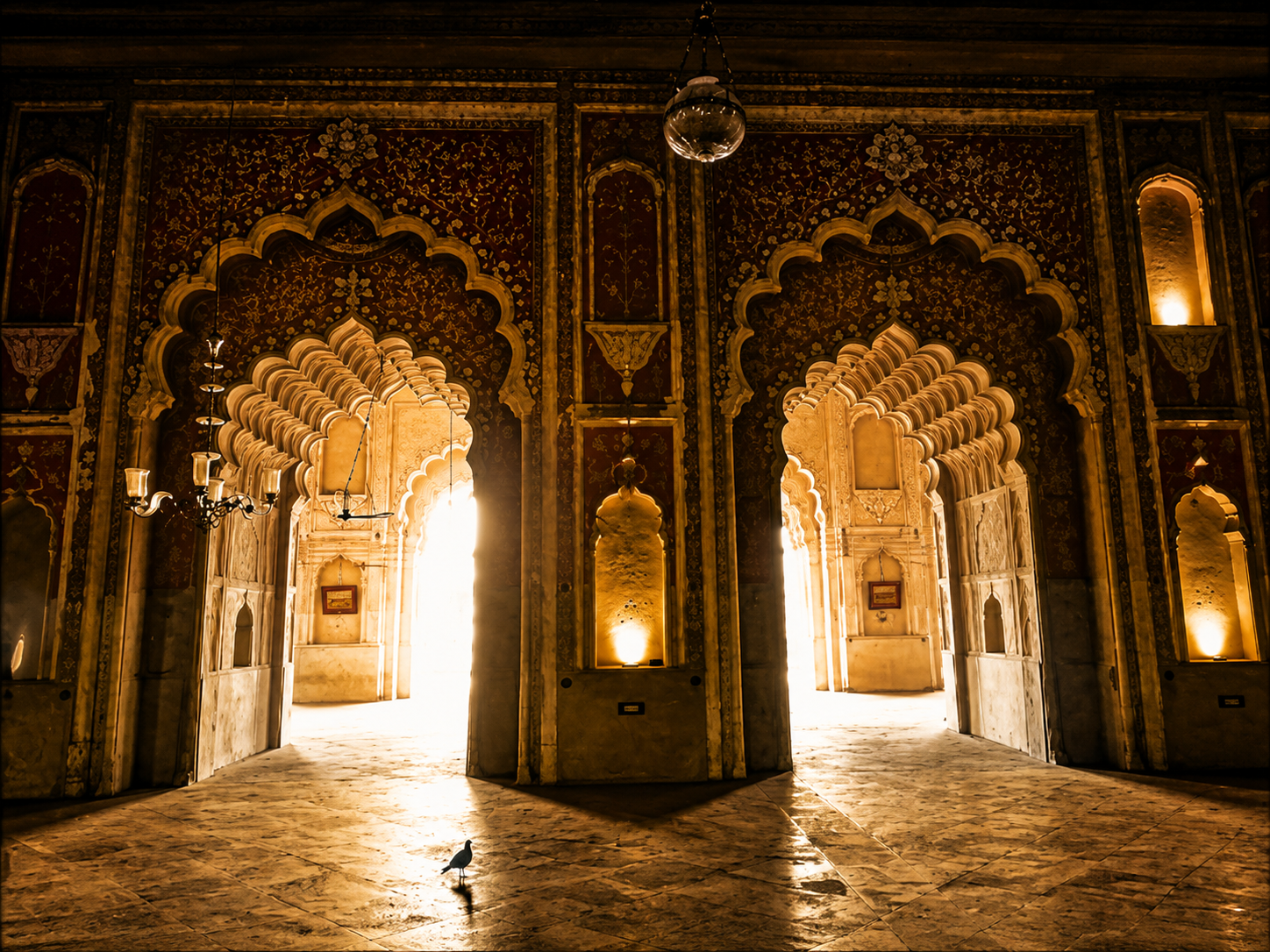 Interior view of a historic Nawabi monument in Lucknow featuring ornate arches, intricate architectural details, and light-filled corridors showcasing Awadhi heritage craftsmanship.