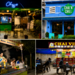 Collage featuring four popular chai cafés and Maggi food stalls in Lucknow, including Chaye, Chai 'N' Chill, Chai Villa, and Famous Aunty Maggi Point. The featured image showcases vibrant café exteriors, outdoor seating, illuminated signage, and a bustling street food atmosphere, highlighting some of the city's best tea and snack destinations.
