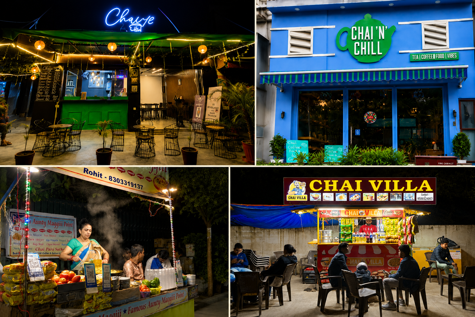 Collage featuring four popular chai cafés and Maggi food stalls in Lucknow, including Chaye, Chai 'N' Chill, Chai Villa, and Famous Aunty Maggi Point. The featured image showcases vibrant café exteriors, outdoor seating, illuminated signage, and a bustling street food atmosphere, highlighting some of the city's best tea and snack destinations.