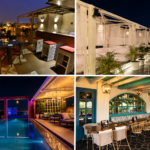Collage featuring four rooftop restaurants and cafés with outdoor dining, rooftop lounges, a poolside seating area, elegant cabanas, and stylish indoor dining spaces, showcasing premium dining experiences in Lucknow.