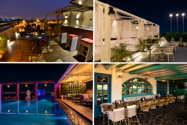 Collage featuring four rooftop restaurants and cafés with outdoor dining, rooftop lounges, a poolside seating area, elegant cabanas, and stylish indoor dining spaces, showcasing premium dining experiences in Lucknow.