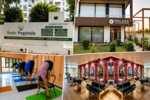 Collage featuring some of the best yoga and Pilates studios in Lucknow, including modern yoga spaces, Pilates equipment, wellness studio exteriors, and guided yoga classes. Best Yoga & Pilates Studios in Lucknow collage showcasing premium yoga studios, Pilates facilities, wellness centres, and professional yoga classes across the city.