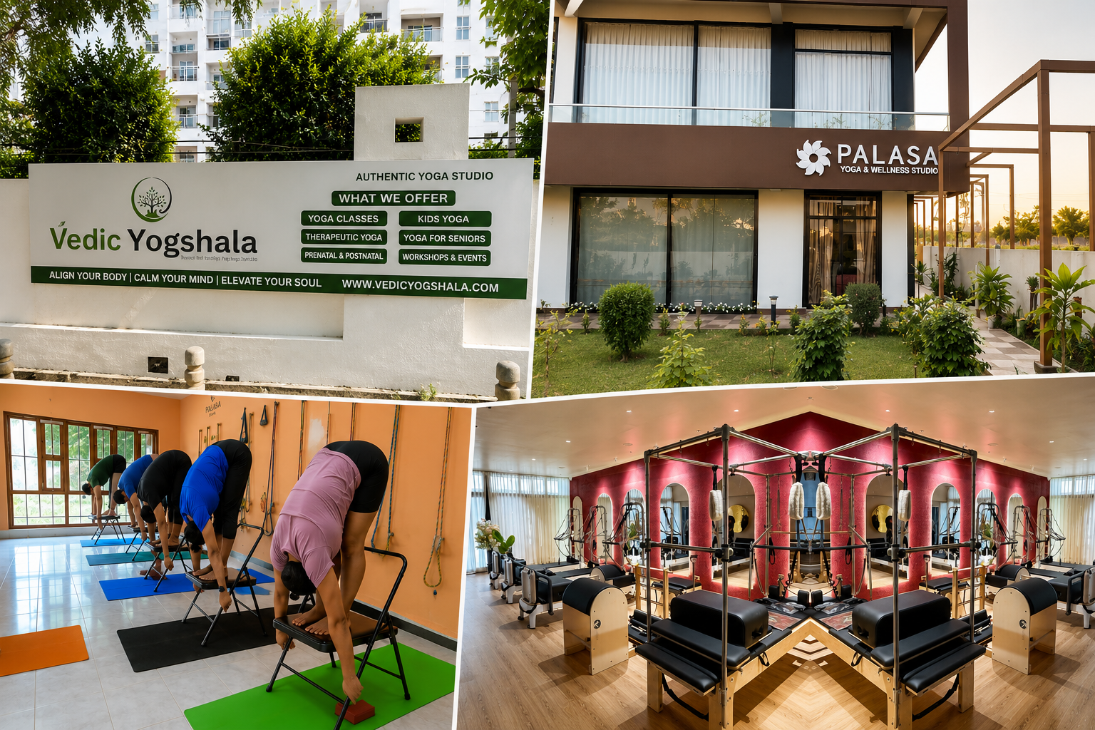 Collage featuring some of the best yoga and Pilates studios in Lucknow, including modern yoga spaces, Pilates equipment, wellness studio exteriors, and guided yoga classes. Best Yoga & Pilates Studios in Lucknow collage showcasing premium yoga studios, Pilates facilities, wellness centres, and professional yoga classes across the city.