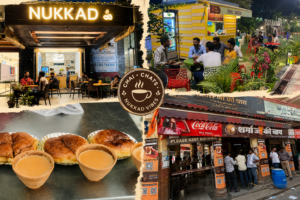 Collage featuring popular tea cafes in Lucknow, including Nukkad and Sharma Ji Ki Chai, with cozy café seating, outdoor chai stalls, fresh bun maska served with kulhad chai, and vibrant street-side hangout spaces showcasing Lucknow's iconic tea culture.