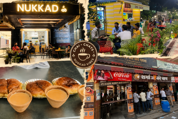 Collage featuring popular tea cafes in Lucknow, including Nukkad and Sharma Ji Ki Chai, with cozy café seating, outdoor chai stalls, fresh bun maska served with kulhad chai, and vibrant street-side hangout spaces showcasing Lucknow's iconic tea culture.