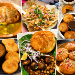 Collage of famous Khasta varieties from Lucknow, including khasta kachori, chaat, matar, and sweet khasta served in traditional style