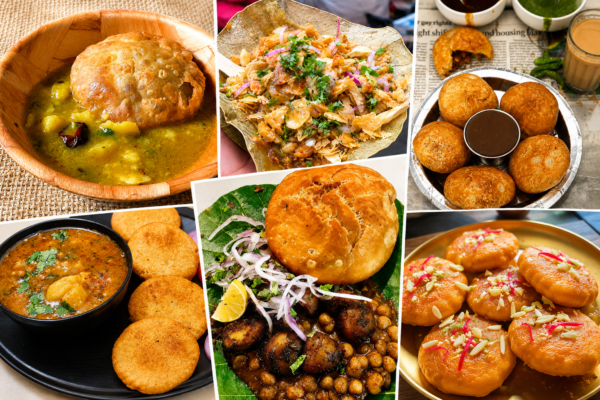 Collage of famous Khasta varieties from Lucknow, including khasta kachori, chaat, matar, and sweet khasta served in traditional style