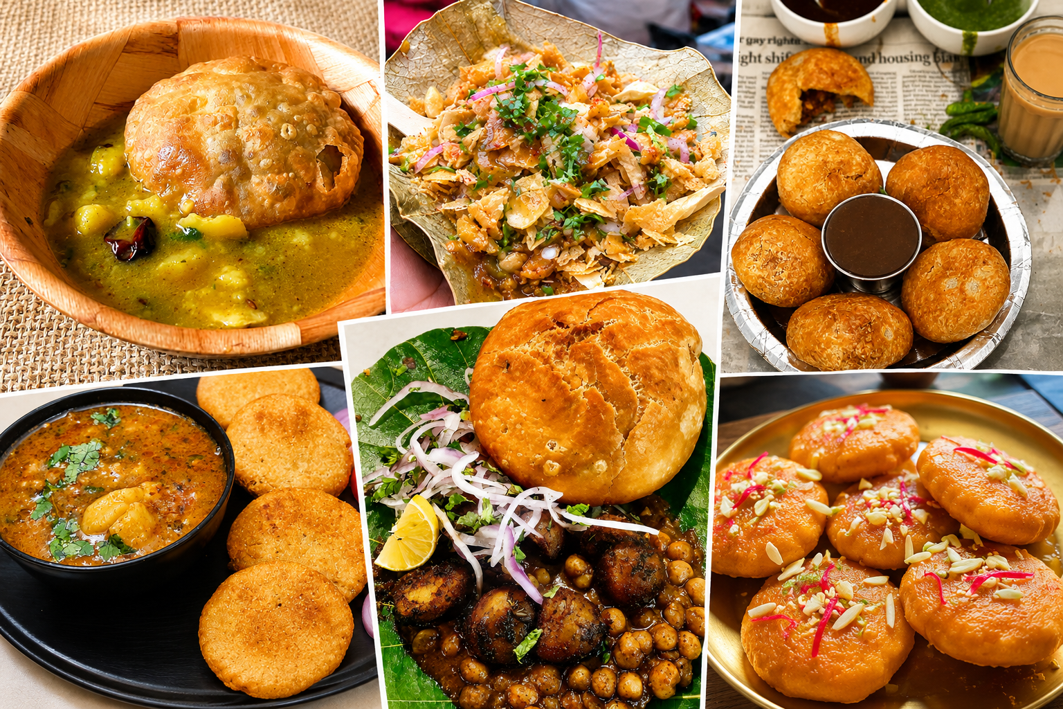 Collage of famous Khasta varieties from Lucknow, including khasta kachori, chaat, matar, and sweet khasta served in traditional style