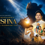 Cinematic poster for Manoj Muntashir’s Krishna: Radha Se Ranbhoomi Tak, featuring Krishna, Radha, and dramatic mythological characters against a celestial blue and golden battlefield backdrop.