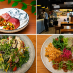 Collage of healthy food spots in Lucknow featuring fresh wraps, colourful salads, protein bowls, and a modern healthy café interior.