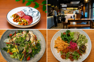 Collage of healthy food spots in Lucknow featuring fresh wraps, colourful salads, protein bowls, and a modern healthy café interior.