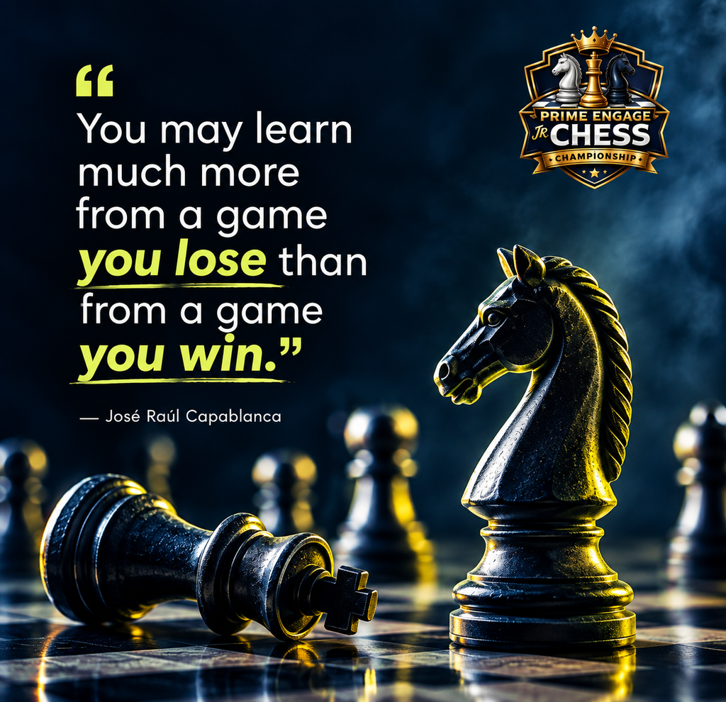 Prime Engage Jr. Chess Championship graphic featuring a dramatic chessboard with a standing knight and fallen king, alongside a motivational José Raúl Capablanca quote about learning from losses.