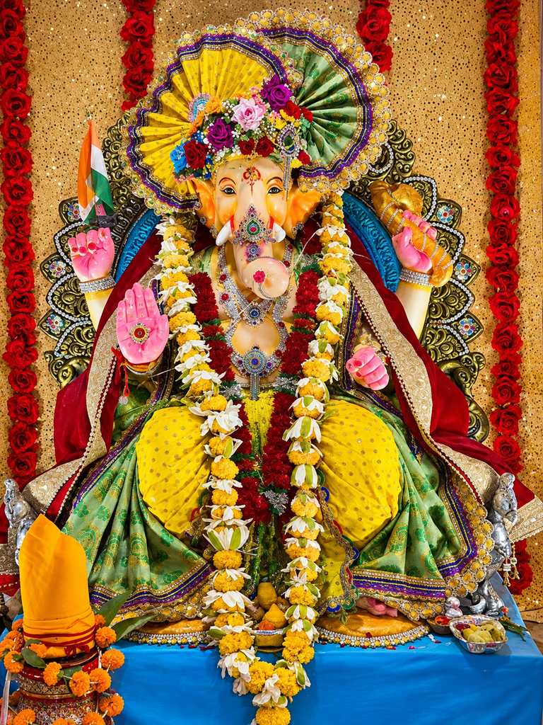 Beautifully decorated Lord Ganesha idol wearing a jeweled crown and colorful floral headdress, adorned with marigold and jasmine garlands, seated against a golden backdrop with red rose decorations and traditional festive ornaments.