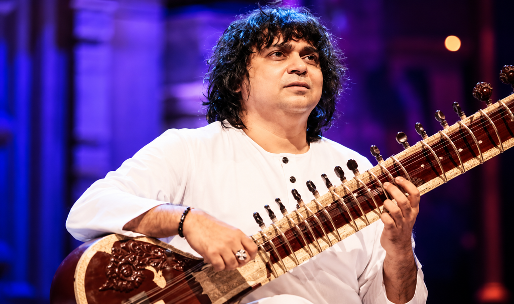 Indian classical musician Niladri Kumaar performing on stage while playing a traditional sitar, dressed in a white kurta, with purple and blue concert lighting in the background.