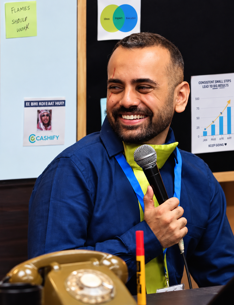 A smiling picture of Chirag Panjwani in a navy blue shirt, lime-green scarf, and blue lanyard holds a microphone while speaking at an indoor event. He is seated in front of a display board featuring handwritten notes, business charts, posters, and diagrams. A vintage beige telephone and a red-and-yellow marker are visible in the foreground. This is from the act - Keep it Kaa