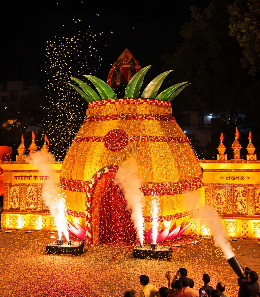 Paper Mill Ke Bappa, a beautifully decorated Lord Ganesha idol at a festive Ganesh Chaturthi celebration, surrounded by colorful flowers, traditional ornaments and illuminated decorations.