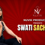 Nuvik Production presents comedian Swati Sachdeva on a red promotional poster, with her holding a microphone and the event title “Swati Sachdeva” prominently displayed. The event is happening in Lucknow.