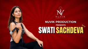 Nuvik Production presents comedian Swati Sachdeva on a red promotional poster, with her holding a microphone and the event title “Swati Sachdeva” prominently displayed. The event is happening in Lucknow.