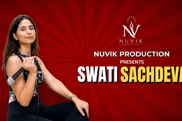 Nuvik Production presents comedian Swati Sachdeva on a red promotional poster, with her holding a microphone and the event title “Swati Sachdeva” prominently displayed. The event is happening in Lucknow.