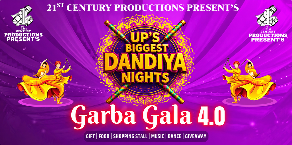 Vibrant purple Garba Gala 4.0 event poster featuring UP’s Biggest Dandiya Nights, traditional Garba dancers, crossed dandiya sticks, and details for gifts, food, shopping stalls, music, dance, and giveaways.