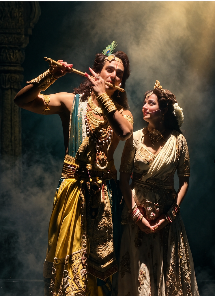 A theatrical scene from Mere Krishn featuring Krishn playing the flute in traditional mythological attire with a peacock feather, while Radha gazes at him under dramatic stage lighting and smoke.