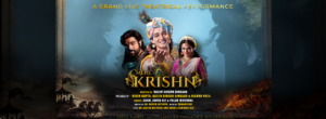 Promotional poster for Mere Krishn, a grand live theatrical performance featuring artists Sourabh Raaj Jain, Pooja Sharma, and Arpit Ranka, portrayed in mythological costumes against a dramatic blue and battlefield-inspired backdrop, with golden title typography and production credits.