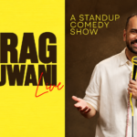Poster of Chirag Panjwani Live, a stand-up comedy show. The image is split into two sections: the left side has a bright textured yellow background with large bold dark-brown text reading CHIRAG PANJWANI and red handwritten-style text reading Live. The right side features a smiling picture of Chirag Panjwani stand-up comedian wearing a cream-colored shirt, holding a yellow-accented microphone and gesturing with his other hand against a warm dark-brown background. Yellow text reads A STANDUP COMEDY SHOW near the top, with The Laugh Store circular logo in the upper-right corner.
