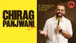 Poster of Chirag Panjwani Live, a stand-up comedy show. The image is split into two sections: the left side has a bright textured yellow background with large bold dark-brown text reading CHIRAG PANJWANI and red handwritten-style text reading Live. The right side features a smiling picture of Chirag Panjwani stand-up comedian wearing a cream-colored shirt, holding a yellow-accented microphone and gesturing with his other hand against a warm dark-brown background. Yellow text reads A STANDUP COMEDY SHOW near the top, with The Laugh Store circular logo in the upper-right corner.