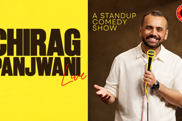 Poster of Chirag Panjwani Live, a stand-up comedy show. The image is split into two sections: the left side has a bright textured yellow background with large bold dark-brown text reading CHIRAG PANJWANI and red handwritten-style text reading Live. The right side features a smiling picture of Chirag Panjwani stand-up comedian wearing a cream-colored shirt, holding a yellow-accented microphone and gesturing with his other hand against a warm dark-brown background. Yellow text reads A STANDUP COMEDY SHOW near the top, with The Laugh Store circular logo in the upper-right corner.
