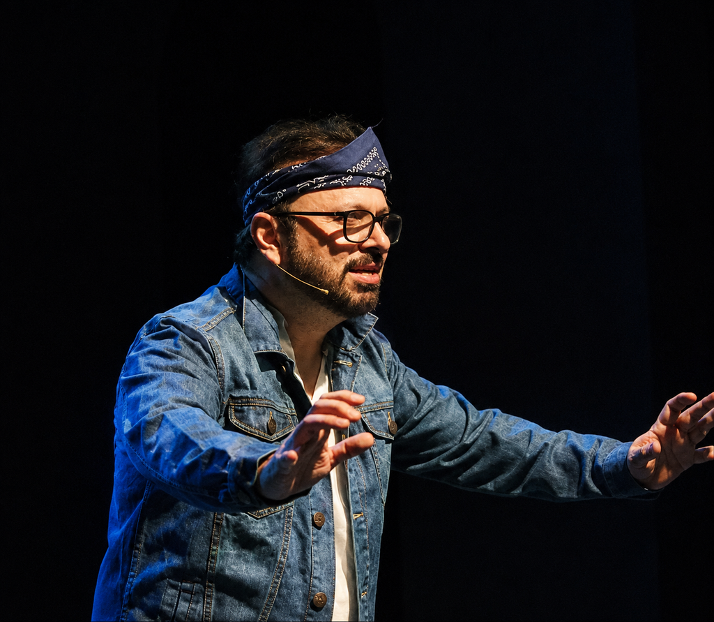 Roshan Abbas performing his storytelling act on stage during Indradhanush. A Pitara of Stories, wearing a bandana and glasses while gesturing to the audience.