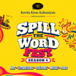 Promotional poster for Spill the Word Fest – Season 4, organised by Kavita Kisse Kahaniyan. The vibrant yellow artwork features Lucknow-inspired illustrations, a vintage gramophone, colourful typography, and a creative fountain pen motif surrounded by words representing poetry, stories, music, art, literature, culture, food, thoughts, dreams, and love. The poster highlights the festival’s focus on Art, Literature, Culture, Music and Food, with Birspark listed as the event production partner.